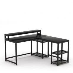Malone 59 in. L-Shape Black Metal Particle Board Wood Top Corner Computer Desk with Monitor Stand Rotating Shelves by TRIBESIGNS WAY TO ORIGIN