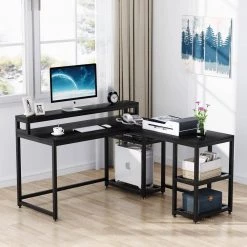Malone 59 in. L-Shape Black Metal Particle Board Wood Top Corner Computer Desk with Monitor Stand Rotating Shelves by TRIBESIGNS WAY TO ORIGIN -Deals Glitzhome Store black tribesigns way to origin computer desks hd c0386 c3 1000