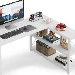 Halseey 53.15 in. W L-Shaped White Computer Desk Writing Studying Reading Desk 2-Tier Storage Shelves by TRIBESIGNS WAY TO ORIGIN -Deals Glitzhome Store black tribesigns way to origin computer desks hd jw0172 wzz 1d 1000