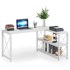 Halseey 53.15 in. W L-Shaped White Computer Desk Writing Studying Reading Desk 2-Tier Storage Shelves by TRIBESIGNS WAY TO ORIGIN -Deals Glitzhome Store black tribesigns way to origin computer desks hd jw0172 wzz a0 1000
