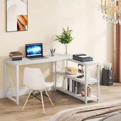 Halseey 53.15 in. W L-Shaped White Computer Desk Writing Studying Reading Desk 2-Tier Storage Shelves by TRIBESIGNS WAY TO ORIGIN -Deals Glitzhome Store black tribesigns way to origin computer desks hd jw0172 wzz c3 1000