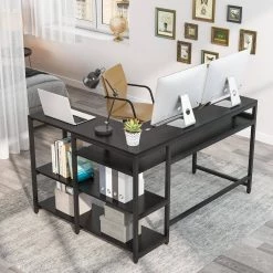Halseey 55 in. W L-Shaped Black Corner Computer Desk Writing Studying Reading Desk 2-Tier Storage Shelves Monitor Stand by TRIBESIGNS WAY TO ORIGIN -Deals Glitzhome Store black tribesigns way to origin computer desks hd jw0250 wzz 1f 1000