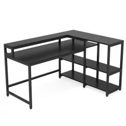 Halseey 55 in. W L-Shaped Black Corner Computer Desk Writing Studying Reading Desk 2-Tier Storage Shelves Monitor Stand by TRIBESIGNS WAY TO ORIGIN -Deals Glitzhome Store black tribesigns way to origin computer desks hd jw0250 wzz 40 1000
