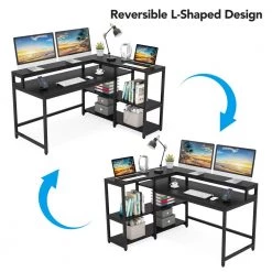 Halseey 55 in. W L-Shaped Black Corner Computer Desk Writing Studying Reading Desk 2-Tier Storage Shelves Monitor Stand by TRIBESIGNS WAY TO ORIGIN -Deals Glitzhome Store black tribesigns way to origin computer desks hd jw0250 wzz 44 1000