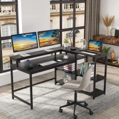 Halseey 55 in. W L-Shaped Black Corner Computer Desk Writing Studying Reading Desk 2-Tier Storage Shelves Monitor Stand by TRIBESIGNS WAY TO ORIGIN -Deals Glitzhome Store black tribesigns way to origin computer desks hd jw0250 wzz 4f 1000