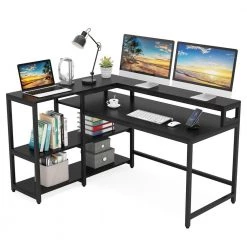 Halseey 55 in. W L-Shaped Black Corner Computer Desk Writing Studying Reading Desk 2-Tier Storage Shelves Monitor Stand by TRIBESIGNS WAY TO ORIGIN -Deals Glitzhome Store black tribesigns way to origin computer desks hd jw0250 wzz 77 1000