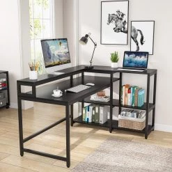 Halseey 55 in. W L-Shaped Black Corner Computer Desk Writing Studying Reading Desk 2-Tier Storage Shelves Monitor Stand by TRIBESIGNS WAY TO ORIGIN -Deals Glitzhome Store black tribesigns way to origin computer desks hd jw0250 wzz c3 1000