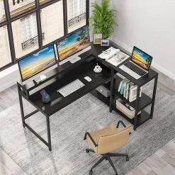 Halseey 55 in. W L-Shaped Black Corner Computer Desk Writing Studying Reading Desk 2-Tier Storage Shelves Monitor Stand by TRIBESIGNS WAY TO ORIGIN -Deals Glitzhome Store black tribesigns way to origin computer desks hd jw0250 wzz d4 1000