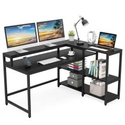 Halseey 55 in. W L-Shaped Black Corner Computer Desk Writing Studying Reading Desk 2-Tier Storage Shelves Monitor Stand by TRIBESIGNS WAY TO ORIGIN -Deals Glitzhome Store black tribesigns way to origin computer desks hd jw0250 wzz fa 1000 1