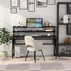 Gloria 55 in. Rectangular Black Metal and Particle Wood Board Top Computer Desk with Monitor Stand and Hutch by TRIBESIGNS WAY TO ORIGIN -Deals Glitzhome Store black tribesigns way to origin computer desks hd w0004 31 1000