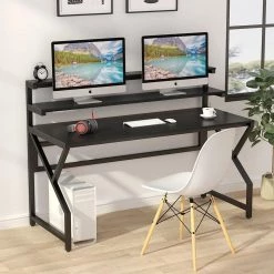 Gloria 55 in. Rectangular Black Metal and Particle Wood Board Top Computer Desk with Monitor Stand and Hutch by TRIBESIGNS WAY TO ORIGIN -Deals Glitzhome Store black tribesigns way to origin computer desks hd w0004 c3 1000