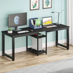 Halseey 78 in. Rectangular Black Wood Computer Desk Two Person Writing Desk with Metal Frame and Storage Shelves by TRIBESIGNS WAY TO ORIGIN -Deals Glitzhome Store black tribesigns way to origin computer desks hd zk10004 77 1000