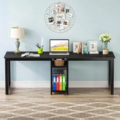 Halseey 78 in. Rectangular Black Wood Computer Desk Two Person Writing Desk with Metal Frame and Storage Shelves by TRIBESIGNS WAY TO ORIGIN -Deals Glitzhome Store black tribesigns way to origin computer desks hd zk10004 c3 1000