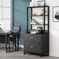 Calvin Black Lateral Particle Board File Cabinet Printer Stand with 4 Shelves and 2 Drawers by TRIBESIGNS WAY TO ORIGIN -Deals Glitzhome Store black tribesigns way to origin file cabinets hd c0273 c3 1000