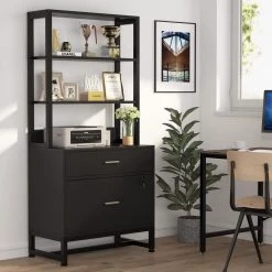 Calvin Black Lateral Particle Board File Cabinet Printer Stand with 4 Shelves and 2 Drawers by TRIBESIGNS WAY TO ORIGIN -Deals Glitzhome Store black tribesigns way to origin file cabinets hd c0273 e1 1000
