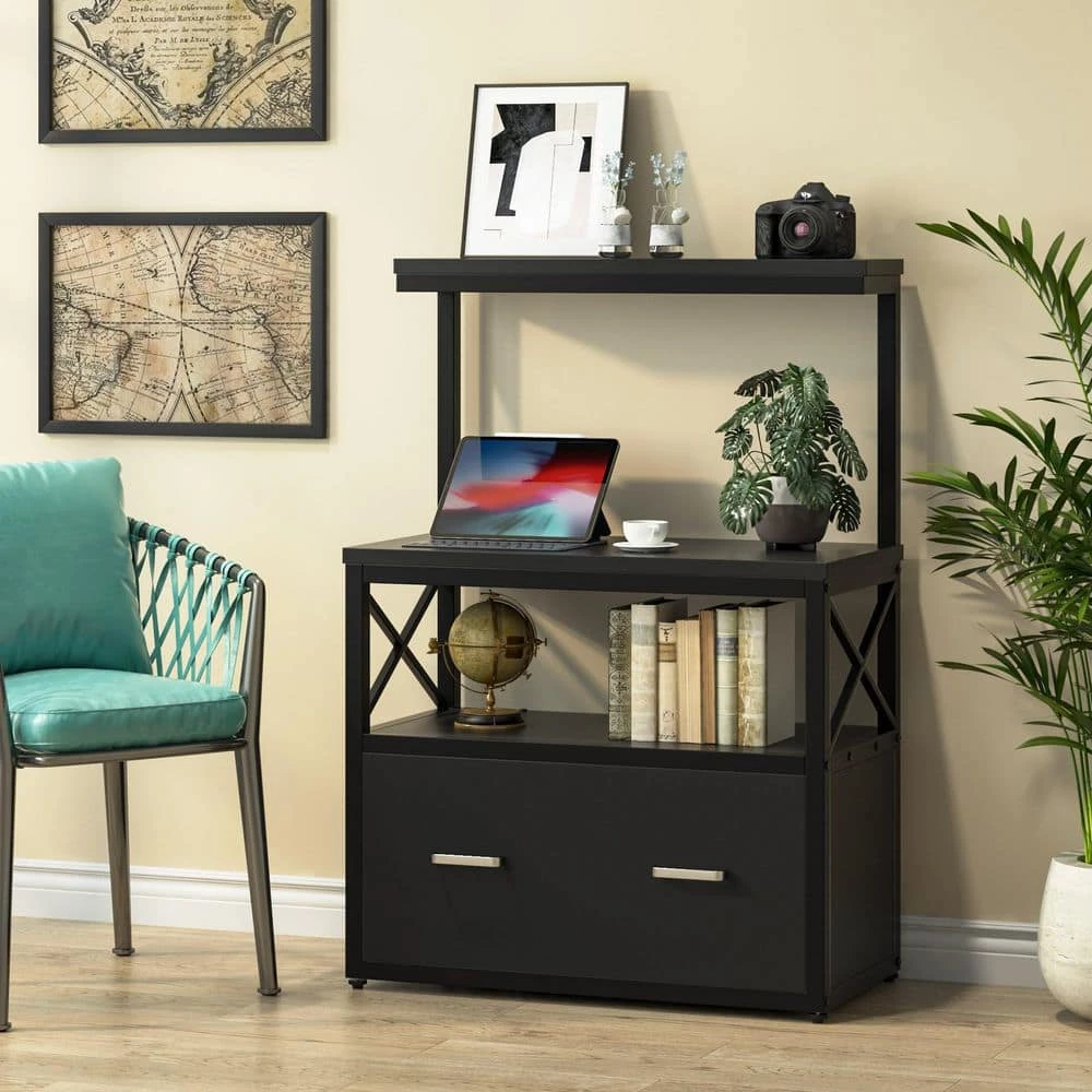 Earl Black Particle Board Lateral File Cabinet Printer Stand with 3 Open Shelves and 1 Drawer by TRIBESIGNS WAY TO ORIGIN 4 Earl Black Particle Board Lateral File Cabinet Printer Stand with 3 Open Shelves and 1 Drawer by TRIBESIGNS WAY TO ORIGIN - Image 2