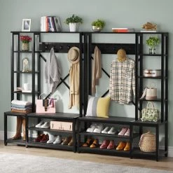 Billie Black Wood Hall Tree with Side Storage Shelves for Entryway Living Room Bedroom by TRIBESIGNS WAY TO ORIGIN -Deals Glitzhome Store black tribesigns way to origin hall trees dh f21587 1f 1000