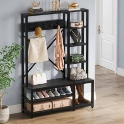 Billie Black Wood Hall Tree with Side Storage Shelves for Entryway Living Room Bedroom by TRIBESIGNS WAY TO ORIGIN -Deals Glitzhome Store black tribesigns way to origin hall trees dh f21587 31 1000