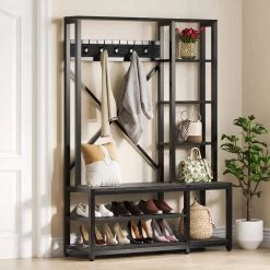 Billie Black Wood Hall Tree with Side Storage Shelves for Entryway Living Room Bedroom by TRIBESIGNS WAY TO ORIGIN -Deals Glitzhome Store black tribesigns way to origin hall trees dh f21587 c3 1000