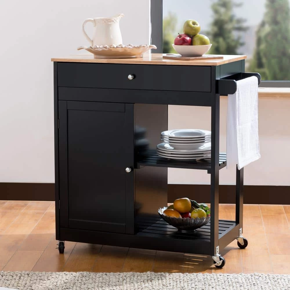 33.86 in. H Black Wooden Basic Kitchen Island with 1 Drawer; 1 Door; 2 Tier by Glitzhome 3 33.86 in. H Black Wooden Basic Kitchen Island with 1 Drawer; 1 Door; 2 Tier by Glitzhome