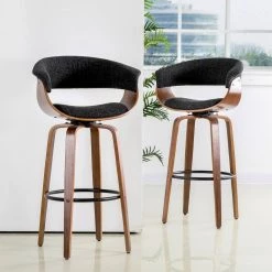 40.5 in. H Mid-Century Modern Dark Blue Fabric/Walnut bentwood Swivel Chair Bar Stool (Set of 2) by Glitzhome -Deals Glitzhome Store blue glitzhome bar stools 2000900048 76 1000