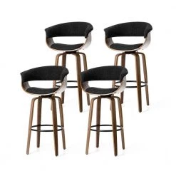 40.5 in. H Mid-Century Modern Dark Blue Fabric Swivel Low Back Bar Stool with Walnut Bentwood Base (Set of 4) by Glitzhome