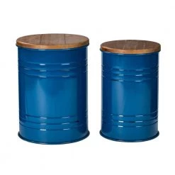 14.5 in. W Blue Round Wood Storage End Table or Accent Table or Stool with Solid Wood Lid (2-Pack) by Glitzhome