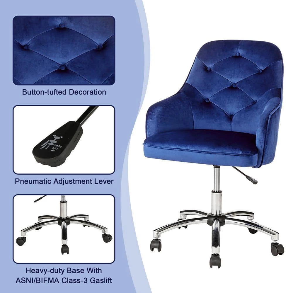 39.75 in. Navy Blue Velvet Gaslift Adjustable Swivel Office Chair/Desk Chair by Glitzhome 8 39.75 in. Navy Blue Velvet Gaslift Adjustable Swivel Office Chair/Desk Chair by Glitzhome - Image 6