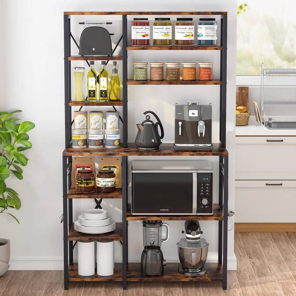 Bachel Modern Brown and Black Kitchen Baker's Rack with Open Shelves and Hanging Hooks by TRIBESIGNS WAY TO ORIGIN 7 Bachel Modern Brown and Black Kitchen Baker's Rack with Open Shelves and Hanging Hooks by TRIBESIGNS WAY TO ORIGIN - Image 5