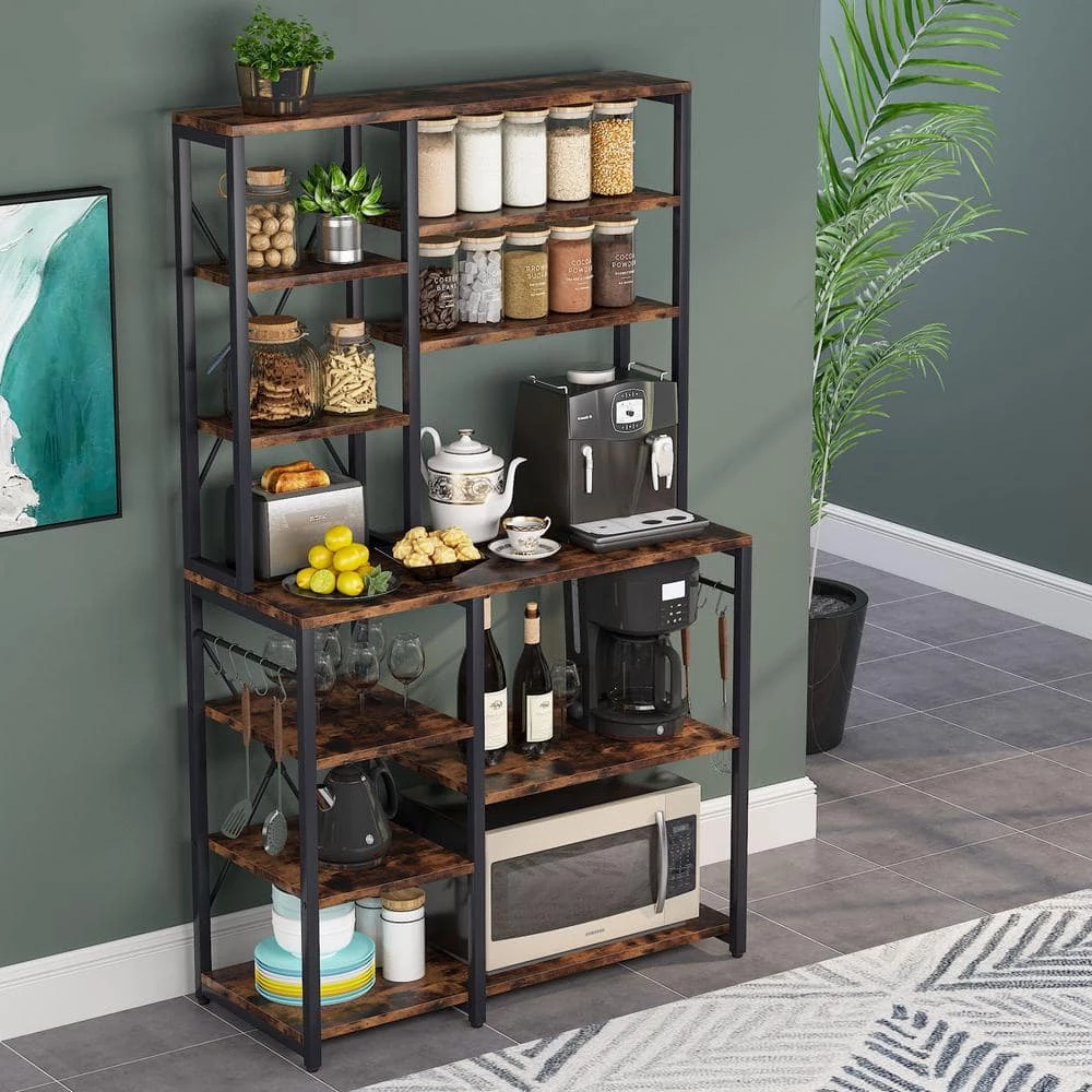 Bachel Modern Brown and Black Kitchen Baker's Rack with Open Shelves and Hanging Hooks by TRIBESIGNS WAY TO ORIGIN 6 Bachel Modern Brown and Black Kitchen Baker's Rack with Open Shelves and Hanging Hooks by TRIBESIGNS WAY TO ORIGIN - Image 4