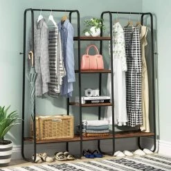 Billie Retro Brown and Black Freestanding Coat Racks with Hanging Rods and Storage Shelves by TRIBESIGNS WAY TO ORIGIN -Deals Glitzhome Store brown and black tribesigns way to origin coat racks hd sf0517b c3 1000