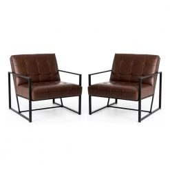 Modern Brown Leatherette Accent Armchair with Black Metal Frame (Set of 2) by Glitzhome