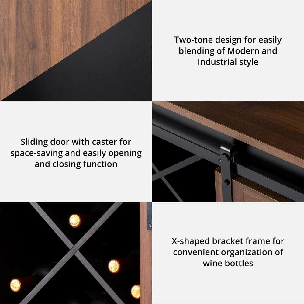 32.30 in. H Modern Industrial Black Wine Cabinet with Natural Top and Sliding Door by Glitzhome 7 32.30 in. H Modern Industrial Black Wine Cabinet with Natural Top and Sliding Door by Glitzhome - Image 5