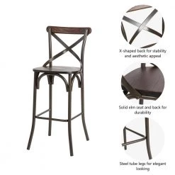 43.00 in. H Rustic Steel Brown Bar Stool with Solid Elm Wood Seat and Back Support, (Set of 2) by Glitzhome 14 43.00 in. H Rustic Steel Brown Bar Stool with Solid Elm Wood Seat and Back Support, (Set of 2) by Glitzhome -Deals Glitzhome Store brown glitzhome bar stools 2001100011 4f 1000