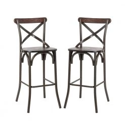 43.00 in. H Rustic Steel Brown Bar Stool with Solid Elm Wood Seat and Back Support, (Set of 2) by Glitzhome