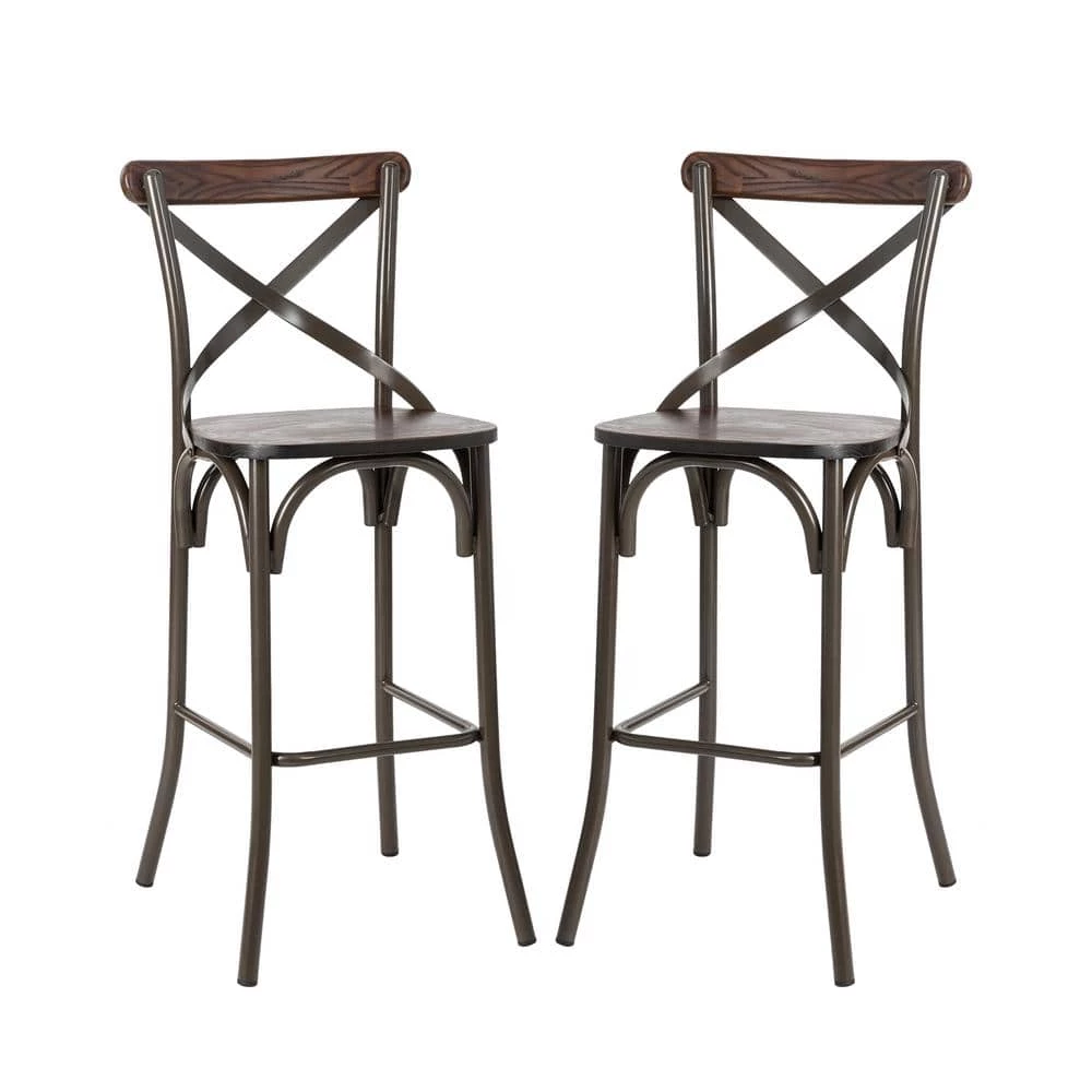 43.00 in. H Rustic Steel Brown Bar Stool with Solid Elm Wood Seat and Back Support, (Set of 2) by Glitzhome 3 43.00 in. H Rustic Steel Brown Bar Stool with Solid Elm Wood Seat and Back Support, (Set of 2) by Glitzhome