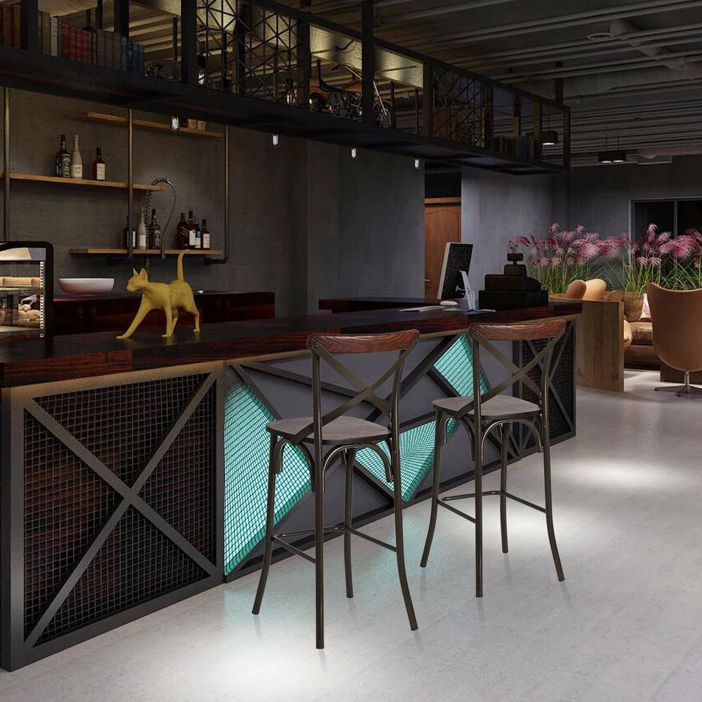 43.00 in. H Rustic Steel Brown Bar Stool with Solid Elm Wood Seat and Back Support, (Set of 2) by Glitzhome 10 43.00 in. H Rustic Steel Brown Bar Stool with Solid Elm Wood Seat and Back Support, (Set of 2) by Glitzhome - Image 8