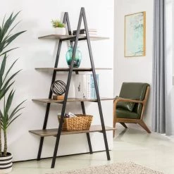 64.5 in. H Modern Industry Rustic Brown Oak Melamine Metal/Wooden 4-shelves Leaning Bookcases and Ladder - Shelf by Glitzhome -Deals Glitzhome Store brown glitzhome bookcases bookshelves 2008600012 31 1000