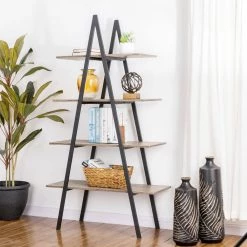 64.5 in. H Modern Industry Rustic Brown Oak Melamine Metal/Wooden 4-shelves Leaning Bookcases and Ladder - Shelf by Glitzhome