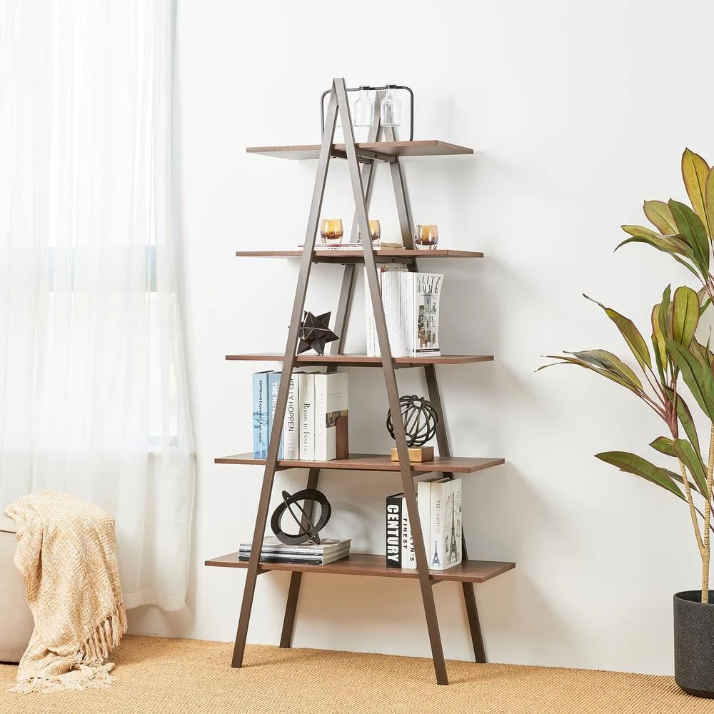 72 in. H Brown Modern Industry Metal/Wooden 5-Shelf "A" Frame Ladder Bookcases - Walnut Melamine by Glitzhome 3 72 in. H Brown Modern Industry Metal/Wooden 5-Shelf "A" Frame Ladder Bookcases - Walnut Melamine by Glitzhome