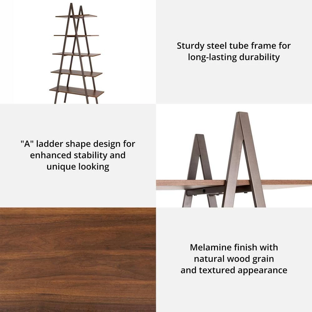 72 in. H Brown Modern Industry Metal/Wooden 5-Shelf "A" Frame Ladder Bookcases - Walnut Melamine by Glitzhome 5 72 in. H Brown Modern Industry Metal/Wooden 5-Shelf "A" Frame Ladder Bookcases - Walnut Melamine by Glitzhome - Image 3