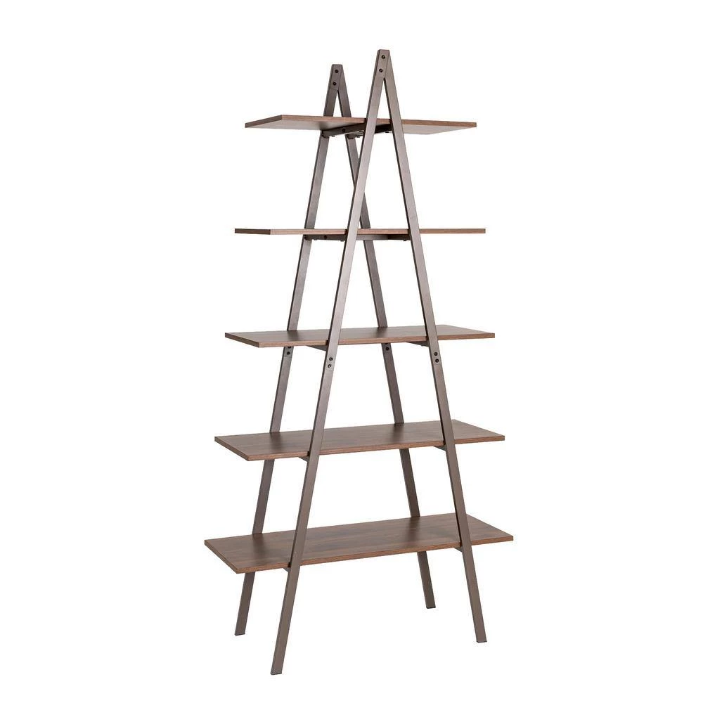 72 in. H Brown Modern Industry Metal/Wooden 5-Shelf "A" Frame Ladder Bookcases - Walnut Melamine by Glitzhome 9 72 in. H Brown Modern Industry Metal/Wooden 5-Shelf "A" Frame Ladder Bookcases - Walnut Melamine by Glitzhome - Image 7