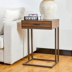 26 in.H Brown Modern Industry Metal/Wooden "C" Side & End Table With 2 USB Charging Ports - Walnut Melamine by Glitzhome -Deals Glitzhome Store brown glitzhome c tables 2001100022 31 1000