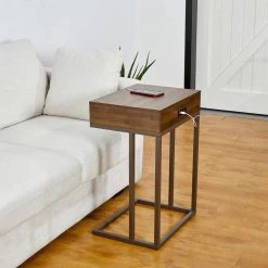 26 in.H Brown Modern Industry Metal/Wooden "C" Side & End Table With 2 USB Charging Ports - Walnut Melamine by Glitzhome