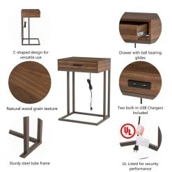 26 in.H Brown Modern Industry Metal/Wooden "C" Side & End Table With 2 USB Charging Ports - Walnut Melamine by Glitzhome -Deals Glitzhome Store brown glitzhome c tables 2001100022 c3 1000
