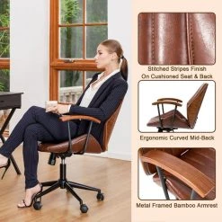38.00"H Russet Brown Leatherette Ergonomic Adjustable Height Swivel Desk Chair/Task Chair by Glitzhome -Deals Glitzhome Store brown glitzhome task chairs 2001100005 44 1000
