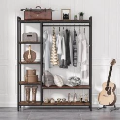 Billie Brown & Black Armoire w/ 6-Storage Shelves & Beach Industrial Entryway Hall Trees 70.9 in. x 47.3 in. x 15.7 in. by TRIBESIGNS WAY TO ORIGIN -Deals Glitzhome Store brown tribesigns way to origin armoires wardrobes hd f1215 wzz 1f 1000