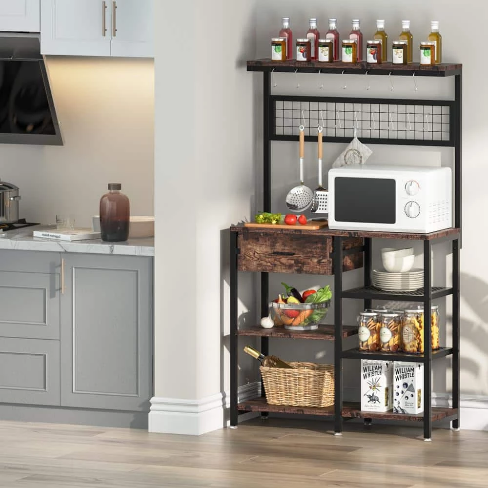 Bachel Rustic Brown Baker's Rack with Storage Shelves and Drawer by TRIBESIGNS WAY TO ORIGIN 9 Bachel Rustic Brown Baker's Rack with Storage Shelves and Drawer by TRIBESIGNS WAY TO ORIGIN - Image 7