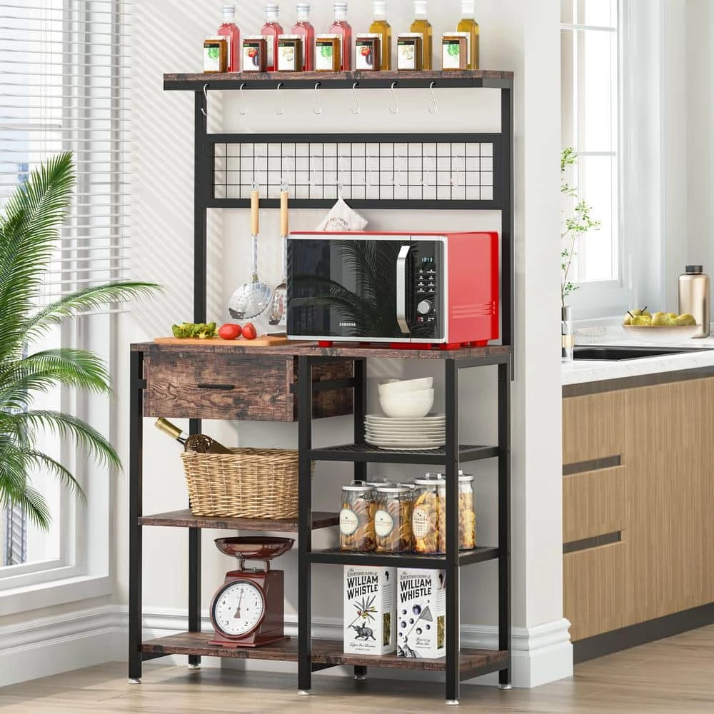 Bachel Rustic Brown Baker's Rack with Storage Shelves and Drawer by TRIBESIGNS WAY TO ORIGIN 6 Bachel Rustic Brown Baker's Rack with Storage Shelves and Drawer by TRIBESIGNS WAY TO ORIGIN - Image 4