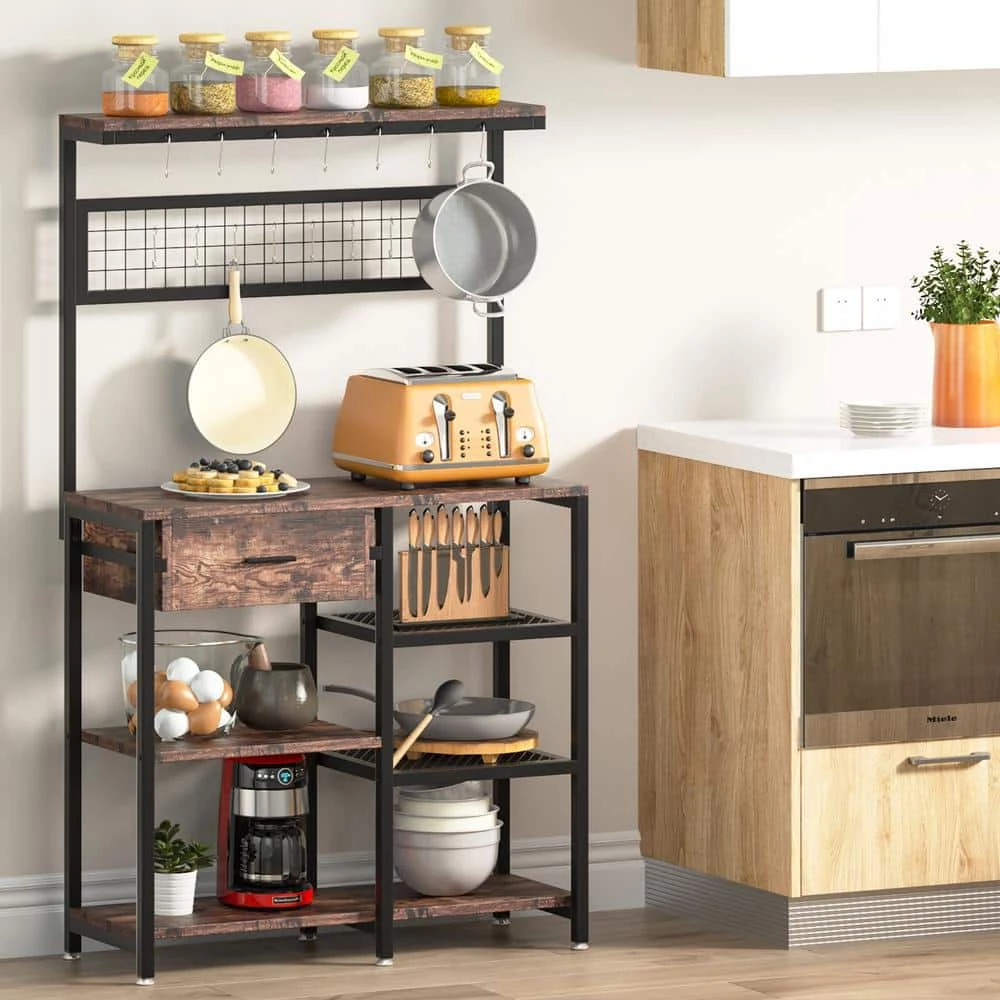 Bachel Rustic Brown Baker's Rack with Storage Shelves and Drawer by TRIBESIGNS WAY TO ORIGIN 4 Bachel Rustic Brown Baker's Rack with Storage Shelves and Drawer by TRIBESIGNS WAY TO ORIGIN - Image 2